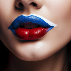Obraz premium Beautiful female lips painted in the colors of the English flag on a black background, close-up.social media content for beauty salons.Generative AI