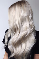 Naklejka premium young woman with perfect blond hair in wavy styling in beauty salon after service.back view. Banner or poster. Social media content for beauty salons. Generative AI