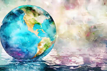 Naklejka na ściany i meble earth global in flooding background in watercolor with Generative AI.