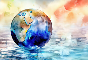 Naklejka na ściany i meble earth global in flooding background in watercolor with Generative AI.