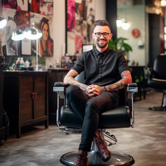 Fototapeta na wymiar Image portrait of a stylish young man, owner of a business in a barbershop. Generative AI
