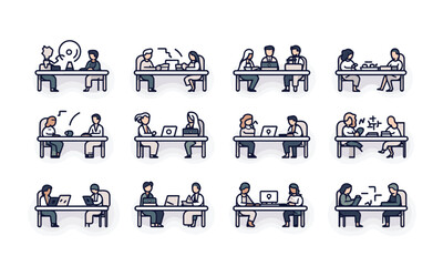 Web icon in the line style for a meeting. Team meetings, conferences, seminars, interviews, and collection Illustrations in vector