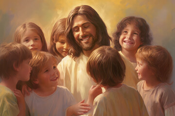Jesus Christ with joyful children, generative AI