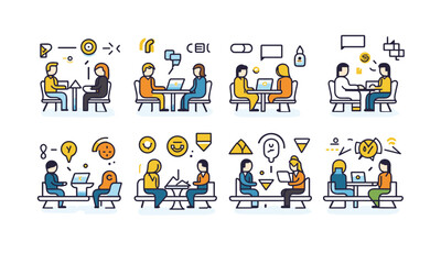 Web icon in the line style for a meeting. Team meetings, conferences, seminars, interviews, and collection Illustrations in vector