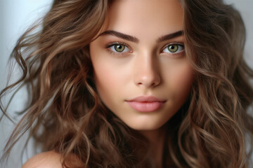 Fototapeta premium portrait of a young woman with curly hair against the backdrop of the sea. Sea and travel, hair care. Social networks for beauty salons. Generative AI