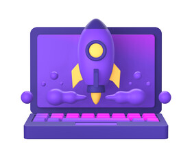 3d purple illustration icon of simple laptop with spaceship or spacecraft rocket for UI UX social media ads design