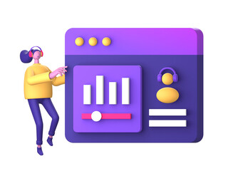 purple illustration icon of streaming and listening to music with 3D character for UI UX social media ads design