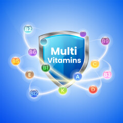 Multivitamin inspiration Protect the body and stay healthy, vitamins shield icon concept.
