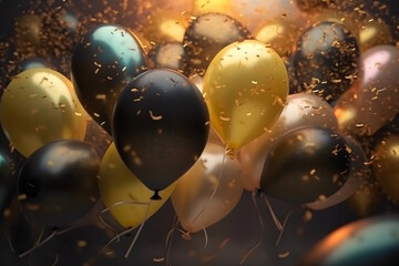 Golden Balloons Floating on a Confetti-Filled Background, Ideal for New Year's Panels, Photography, and Capturing the Beauty of Joyous Moments. Generative AI