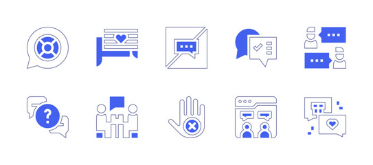 Conversation icon set. Duotone style line stroke and bold. Vector illustration. Containing assistance, conversation, no talking, question, say no.