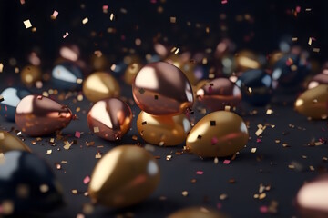 Golden Balloons Floating on a Confetti-Filled Background, Ideal for New Year's Panels, Photography, and Capturing the Beauty of Joyous Moments. Generative AI
