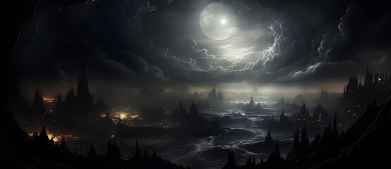 a painting of a full moon over a cityscape with swirly clouds Generated by AI