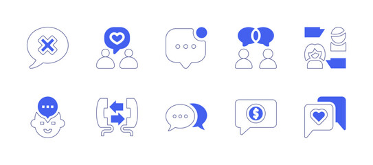 Conversation icon set. Duotone style line stroke and bold. Vector illustration. Containing speech bubble, love, notification, conversation, talk, talking.