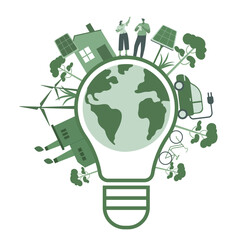 Eco friendly sustainable, Light bulb and globe with green eco energy and climate change problem concepts. Vector design illustration.