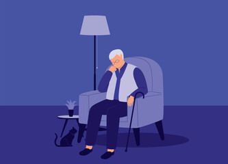 One Senior Man With Depression Sitting On Couch And Living Alone With His Cat At Home. Full Length. Flat Design, Character, Cartoon.