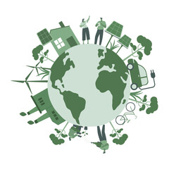 Eco friendly sustainable, Planet earth with alternative green energy resources, climate change problem concepts. Vector design illustration.