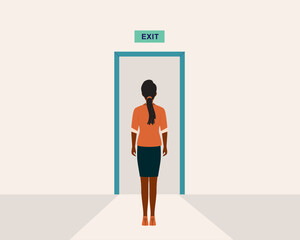 Back View Of One Black Businesswoman Standing In Front Of The Exit Door. Full Length. Flat Design, Character, Cartoon.