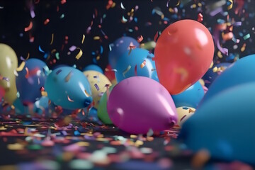Flying Multicolored Balloons on a Confetti Background, Perfect for New Year's Panels, Photography, and a Beautiful Party Ambience. Generative AI