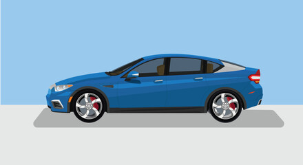 Concept vector illustration of detailed side of a flat blue car. with shadow of car on reflected from the ground below. Isolated blue and gray background.
