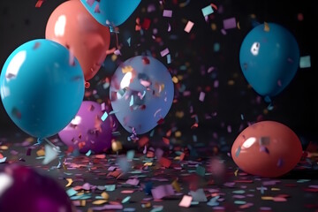 Multicolored Balloons - Festive New Year's Panel on a Confetti Background, Ideal for Photography and Creating a Beautiful Celebration Atmosphere. Generative AI