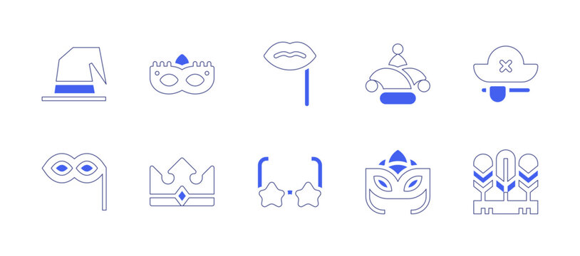 Costume party icon set. Duotone style line stroke and bold. Vector illustration. Containing witch hat, mask, lips, hat, pirate, crown, star glasses, feather.