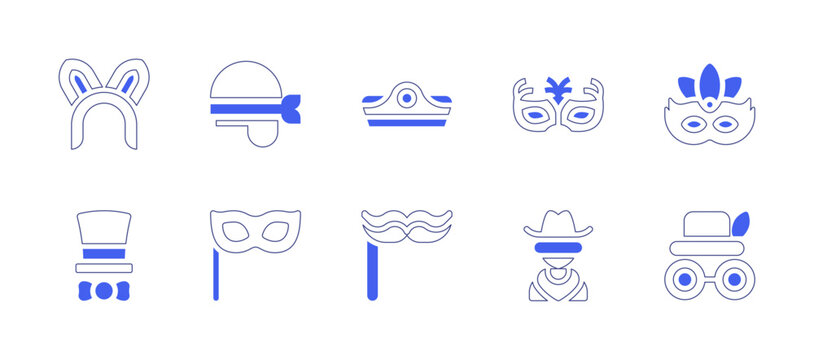 Costume party icon set. Duotone style line stroke and bold. Vector illustration. Containing rabbit, pirate patch, pirate, carnival mask, costume, eye mask, moustache, cowboy.