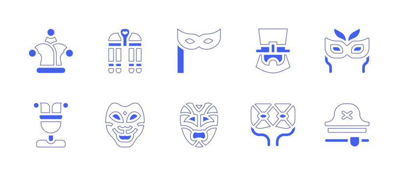 Costume party icon set. Duotone style line stroke and bold. Vector illustration. Containing jester, cleopatra, eye mask, leprechaun, carnival mask, glasses, costume.