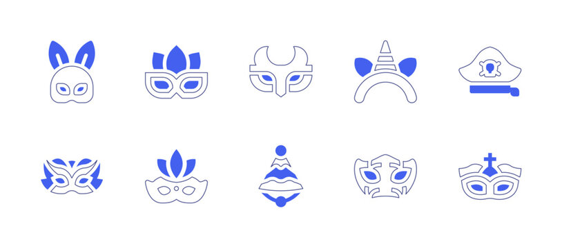 Costume party icon set. Duotone style line stroke and bold. Vector illustration. Containing rabbit mask, carnival mask, mask, headband, pirate hat, party mask, party hat.