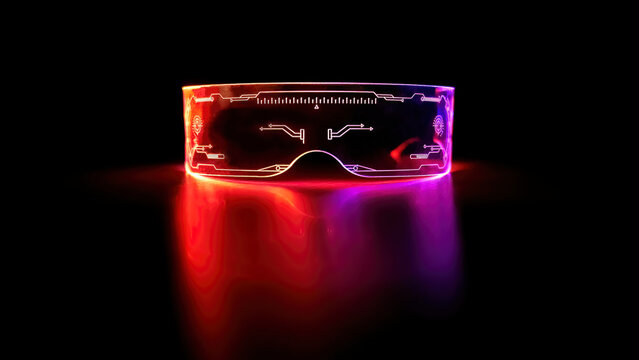 Front view of eyeware goggles colorful neon light, futuristic digital innovation concept, glow in dark background, cyber device, game head set, object, LED