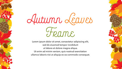 秋の葉っぱと木の実でできたバナーフレーム　320×180　16:9 - obrazy, fototapety, plakaty