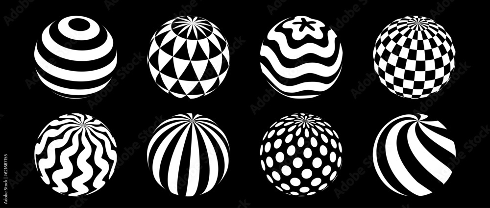 Aufkleber collection of spheres with different patterns. striped, checkered, waved and dotted 3d balls set. bl