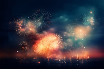 Fototapeta na wymiar Enchanting New Year's Skyline: Vibrant Fireworks Display Illuminating the Night with Magical Splendor. Generative AI
