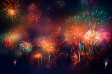 Naklejka premium Midnight Fireworks Spectacle: A Vibrant Celebration to Welcome the New Year with Joy and Splendor. Generative AI
