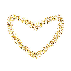 Golden confetti heart frame. Glowing dotted love background. Simple gold dots border. Sparkling halftone valentines decoration element. Vector illustration 
