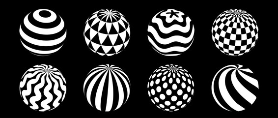 Collection of spheres with different patterns. Striped, checkered, waved and dotted 3d balls set. Black and white geometric elements for design templates, icons, logo. Abstract vector globes pack
