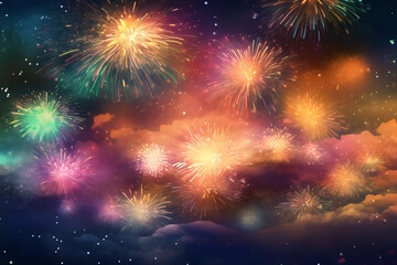 Fototapeta premium Midnight Fireworks Spectacle: A Vibrant Celebration to Welcome the New Year with Joy and Splendor. Generative AI