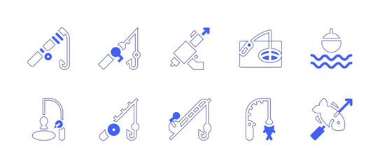 Fishing icon set. Duotone style line stroke and bold. Vector illustration. Containing fishing rod, bait, speargun, ice fishing, float, fishing, spear.