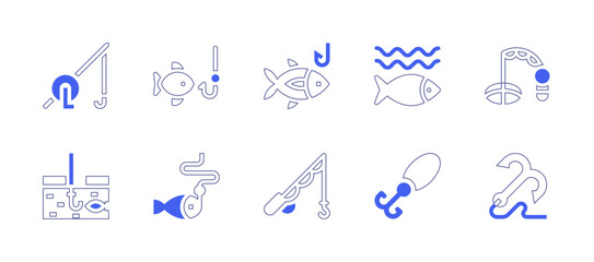 Fishing icon set. Duotone style line stroke and bold. Vector illustration. Containing fishing, fishing rod, fishing hook, hook.