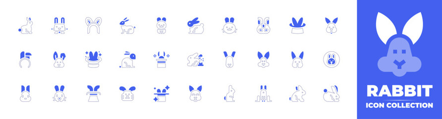Rabbit icon collection. Duotone style line stroke and bold. Vector illustration. Containing rabbit, bunny, easter bunny, mask, wizard hat, bunny ears, magic, magic hat, cruelty free, arctic, and more.