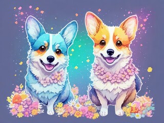 corgi with colorful flower drawn in watercolor on a white background.generative AI