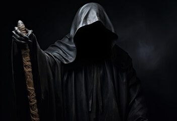 Creepy halloween grim reaper figure wearing a black rope against a dark background - obrazy, fototapety, plakaty