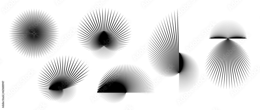 Poster Abstract spiky elements set. Radial and spiral spokes objects collection. Thin thorn shapes and angular sunburst bundle for posters, collages, decoration. Vector futuristic pack
