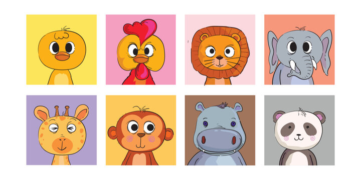 Set cartoon animal collection chicken, lion, monkey, elephant,giraffe, panda vector illustration.