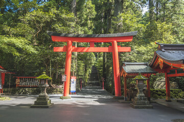 Hakone, Kanagawa Prefecture, Japan - July 2, 2023 : Hakone, Kanagawa Prefecture, Japan - July 2, 2023 : Hakone shrine at Lake Ashinoko, Japanese temple