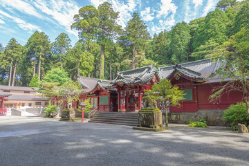 Hakone, Kanagawa Prefecture, Japan - July 2, 2023 : Hakone shrine at Lake Ashinoko, Japanese temple