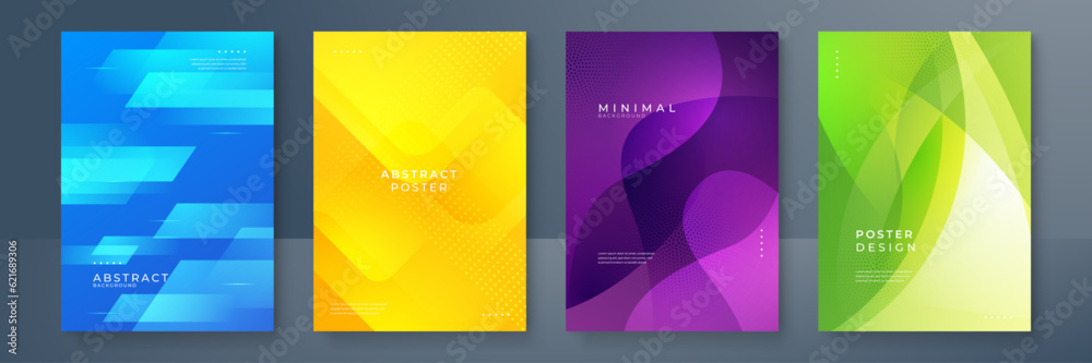 Poster Vector illustration of bright color abstract pattern background with line gradient texture for minimal dynamic cover design. Blue, pink, yellow, green placard poster template