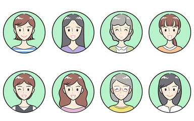 様々な年代の大人女性　ポジティブな表情　丸いアイコンセット　グリーン