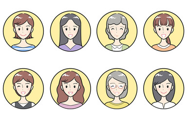 様々な年代の大人女性　ポジティブな表情　丸いアイコンセット　イエロー