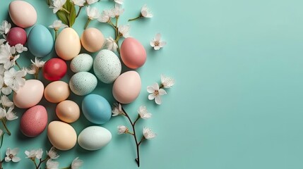 Happy Easter Day background concept design with colorful eggs and flowers on pastel background