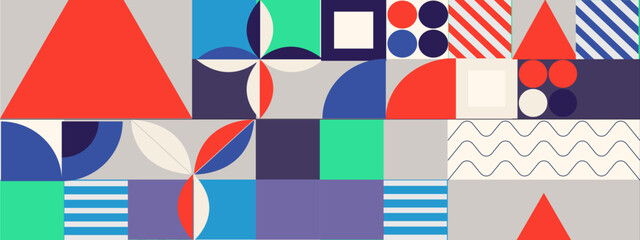 Geometric mosaic, bauhaus pattern. Modern geometry figure, shape. Bauhaus. Geometric mosaic. Minimal mural texture. Scandinavian. Geometric mosaic print. 50s, 60s, retro wallpaper. Vector illustration